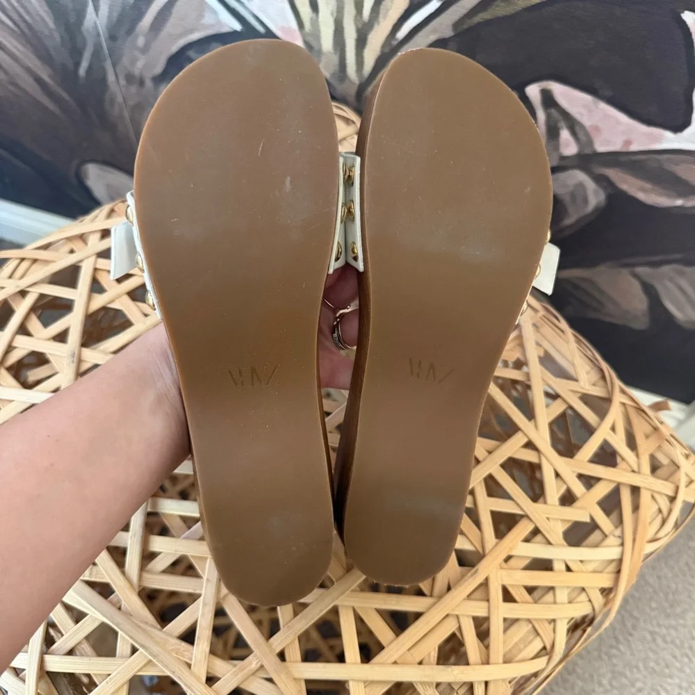 ZARA white buckled Leather Open Toe Wood Sandals Slippers clogs slip on US 7.5 - Picture 4 of 5